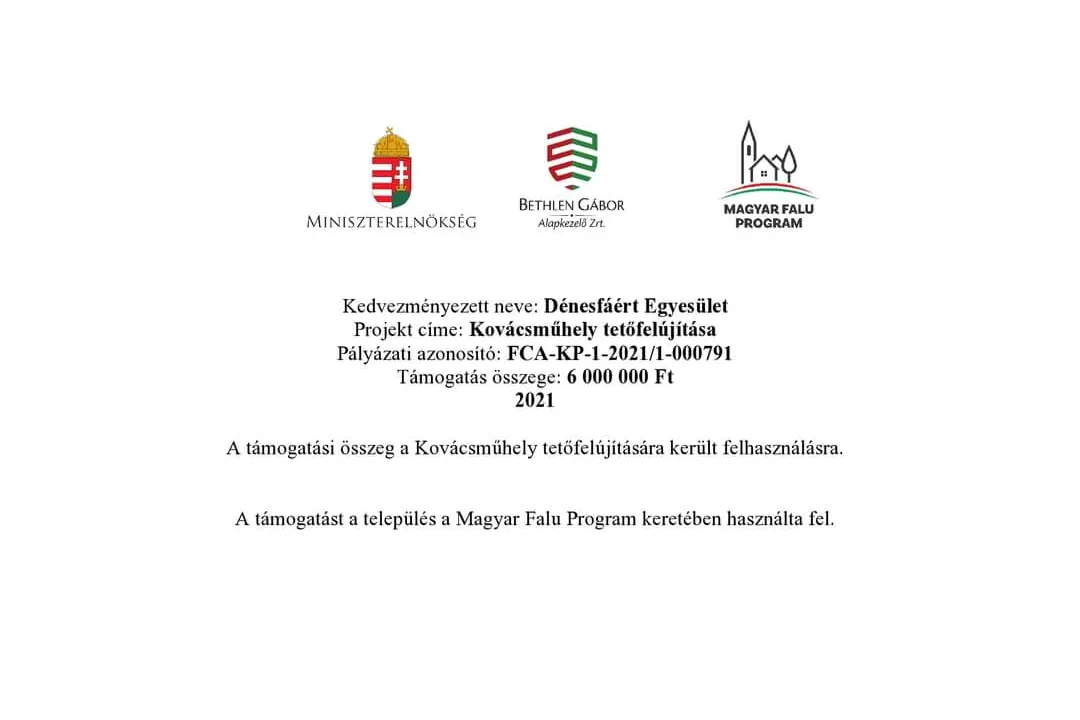 A támogatás tájékoztató lapja a Miniszterelnökség, a Bethlen Gábor Alapkezelő és a Magyar Falu Program logójával