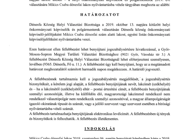 A Helyi Választási Bizottság nyilvántartásba vételi határozatai (2019) (9. kép)